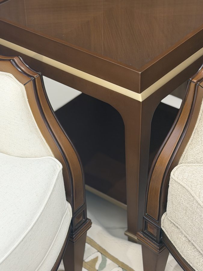 Walnut table corner with brass inlay