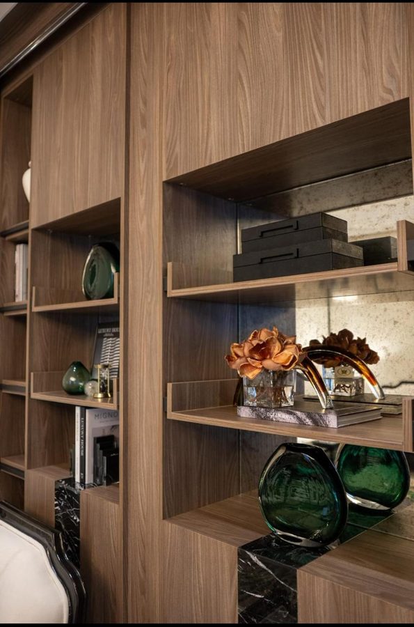 Walnut shelving with styled objects