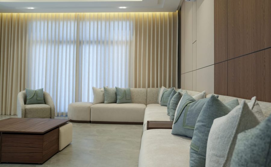 Long modern majlis with sheer curtains