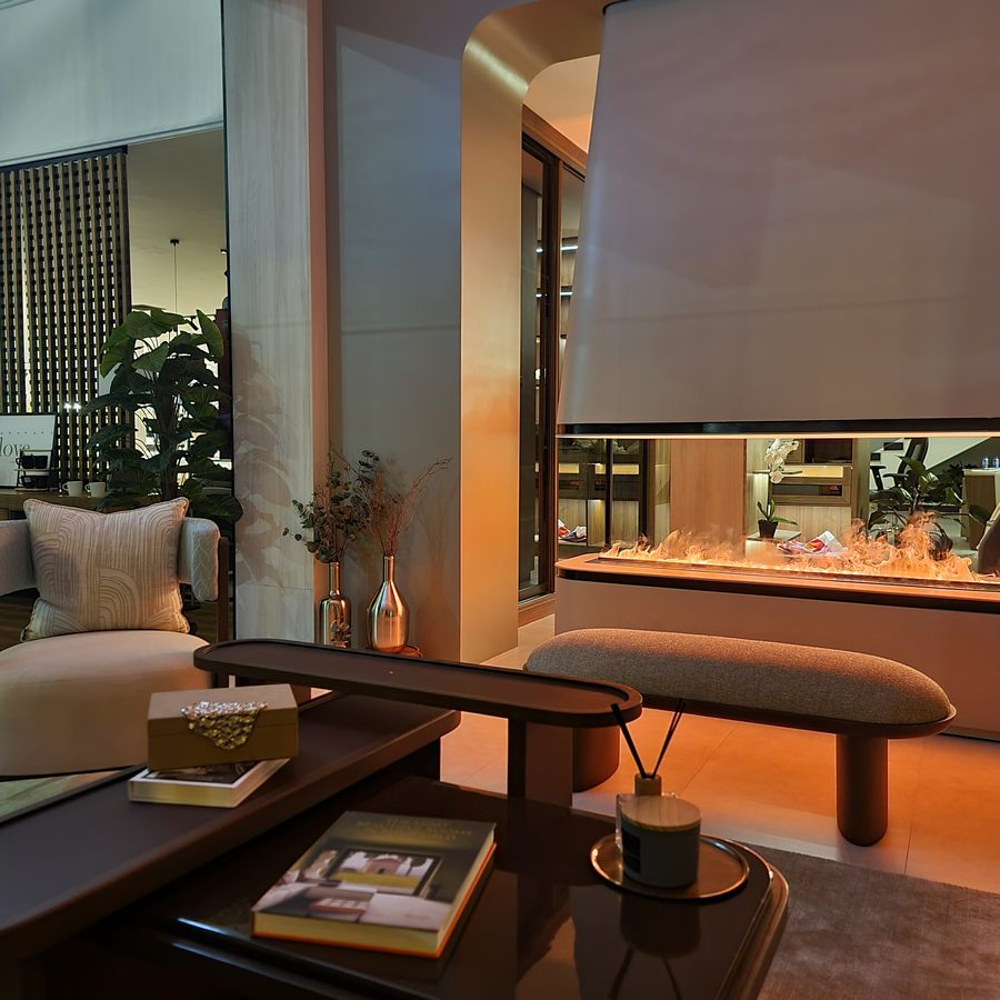 Fireplace lounge with oval coffee tables