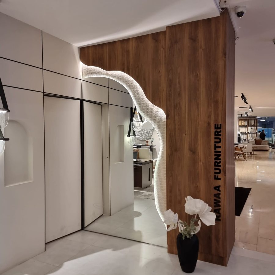 Timber feature wall with a lit, curving line